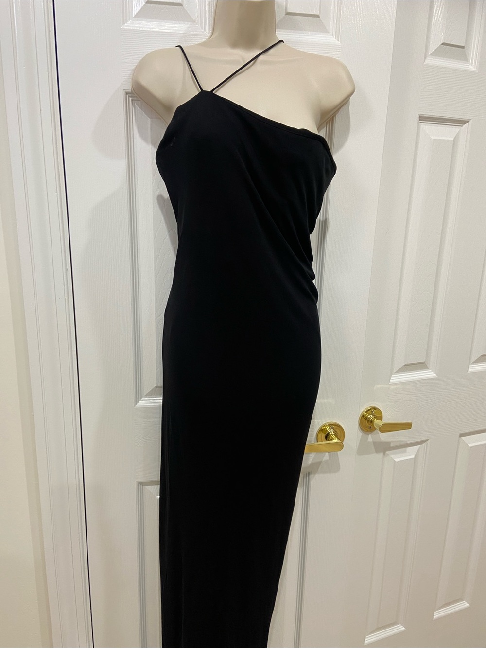 Vera Wang One-Shoulder Black Slip Dress with Delicate Double Strap